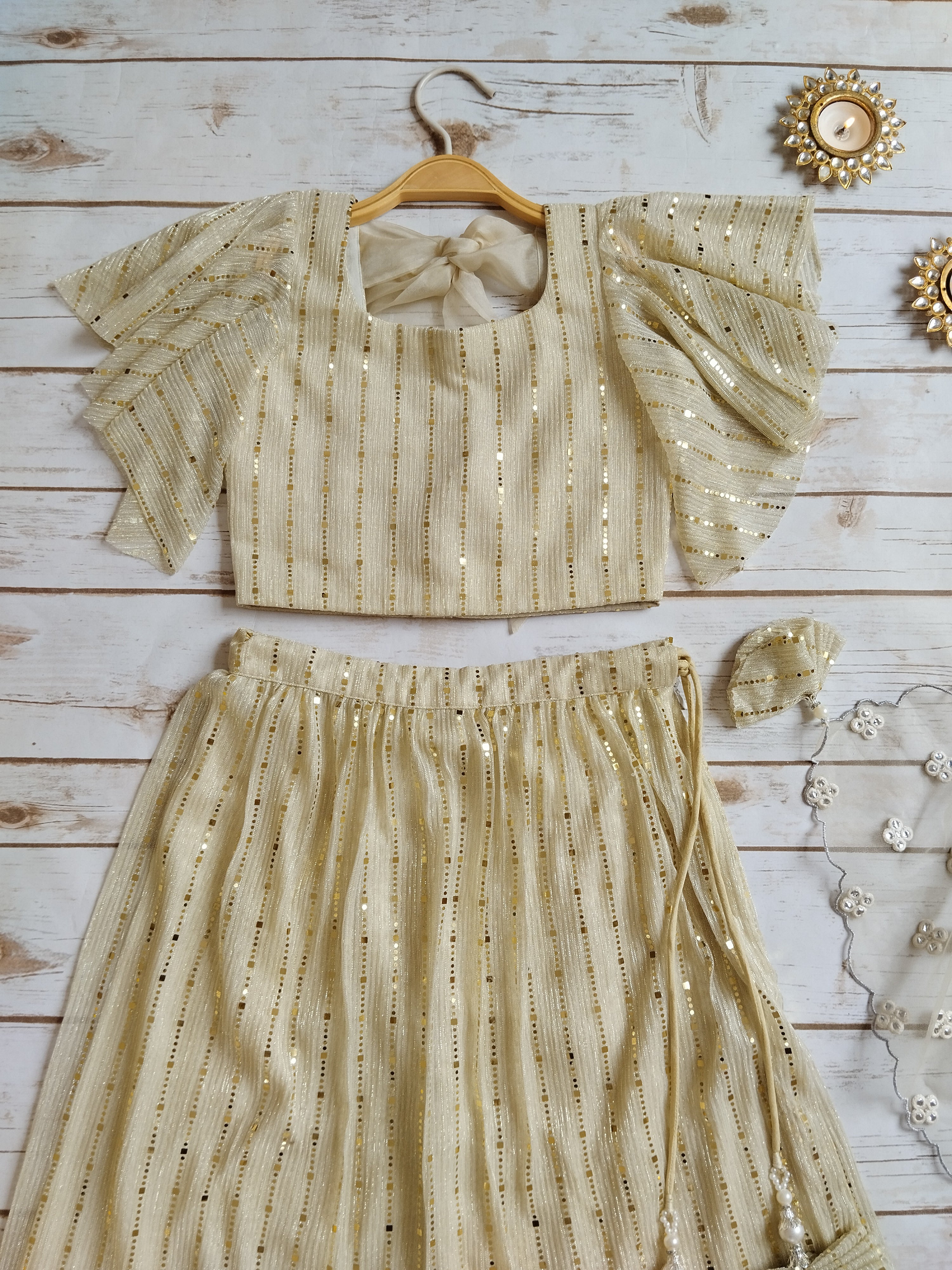 Off White Shimmer Kids Lehenga